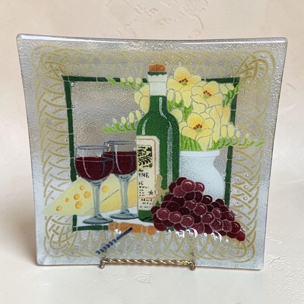 Vintage Signed Peggy Karr Fused Glass Tray – 10” Square Wine, Cheese & Grapes
